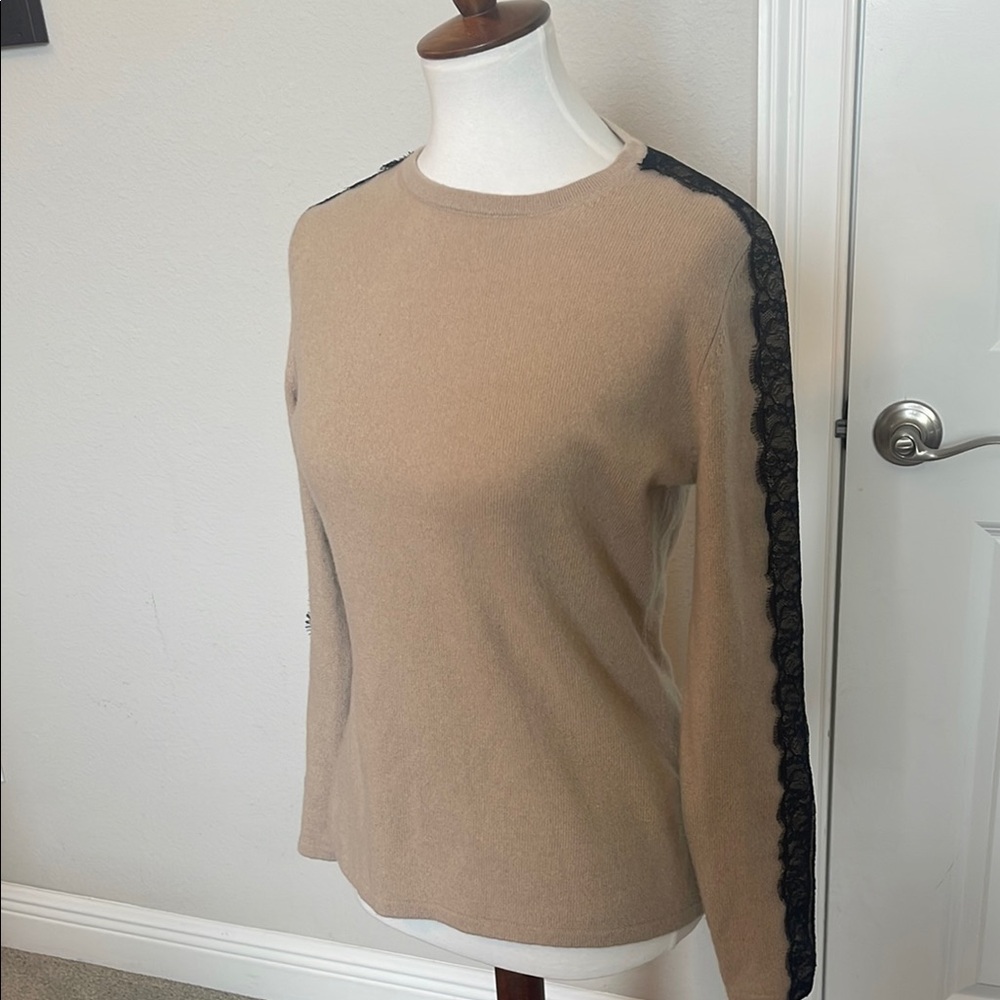 Neiman Marcus brand Cashmere Tan Sweater with Black Lace Detail